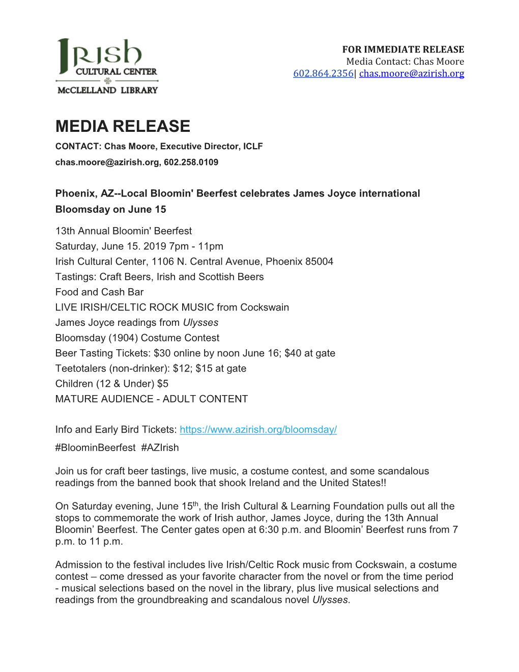 2019 Bloomsday Press Release