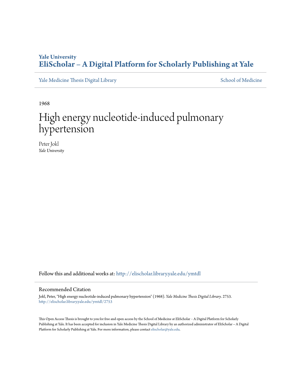 High Energy Nucleotide-Induced Pulmonary Hypertension Peter Jokl Yale University