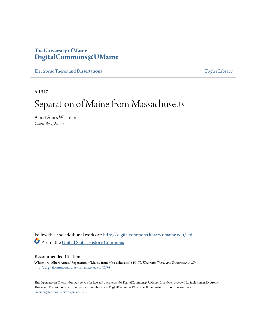 Separation of Maine from Massachusetts Albert Ames Whitmore University of Maine