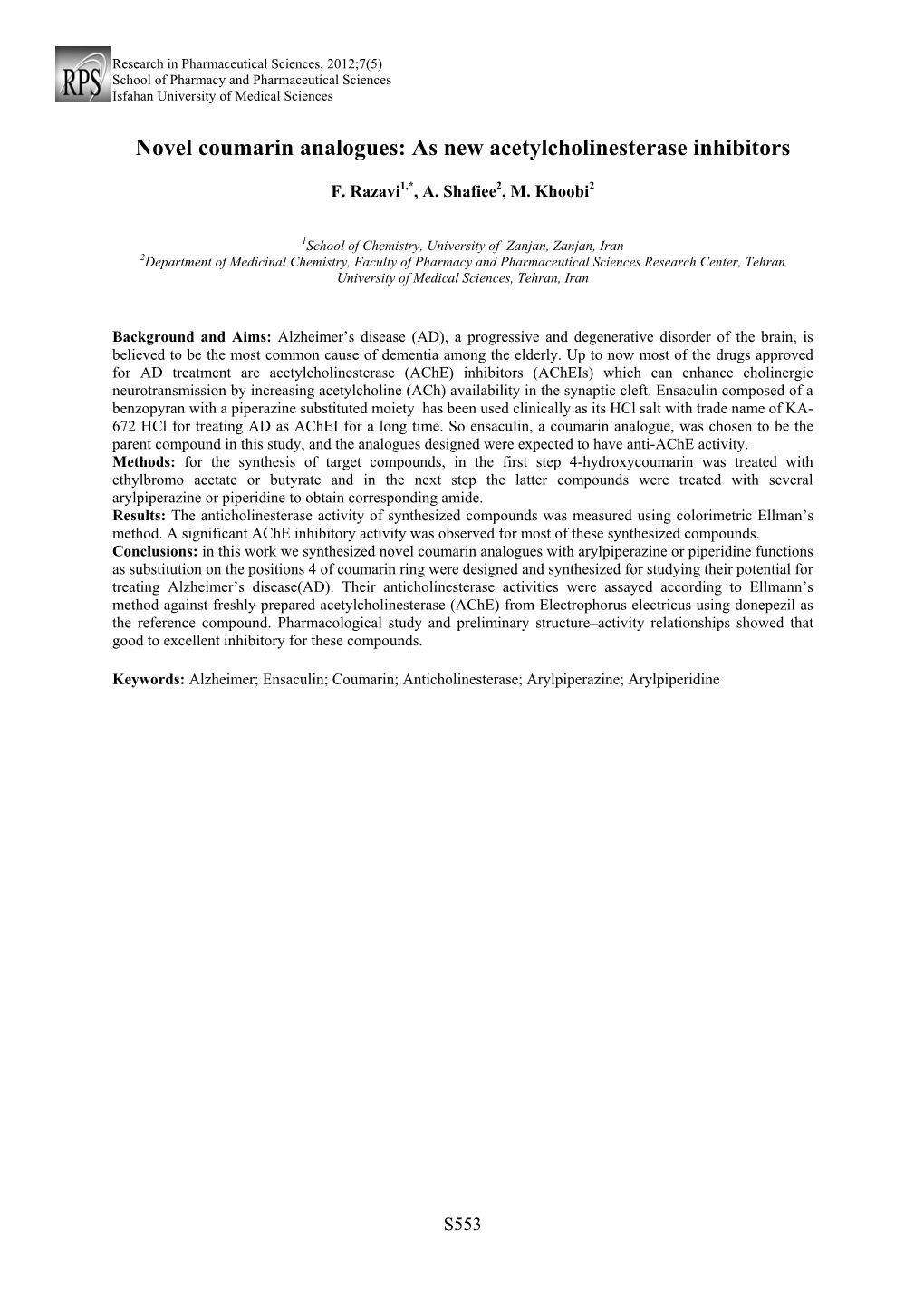 Novel Coumarin Analogues: As New Acetylcholinesterase Inhibitors