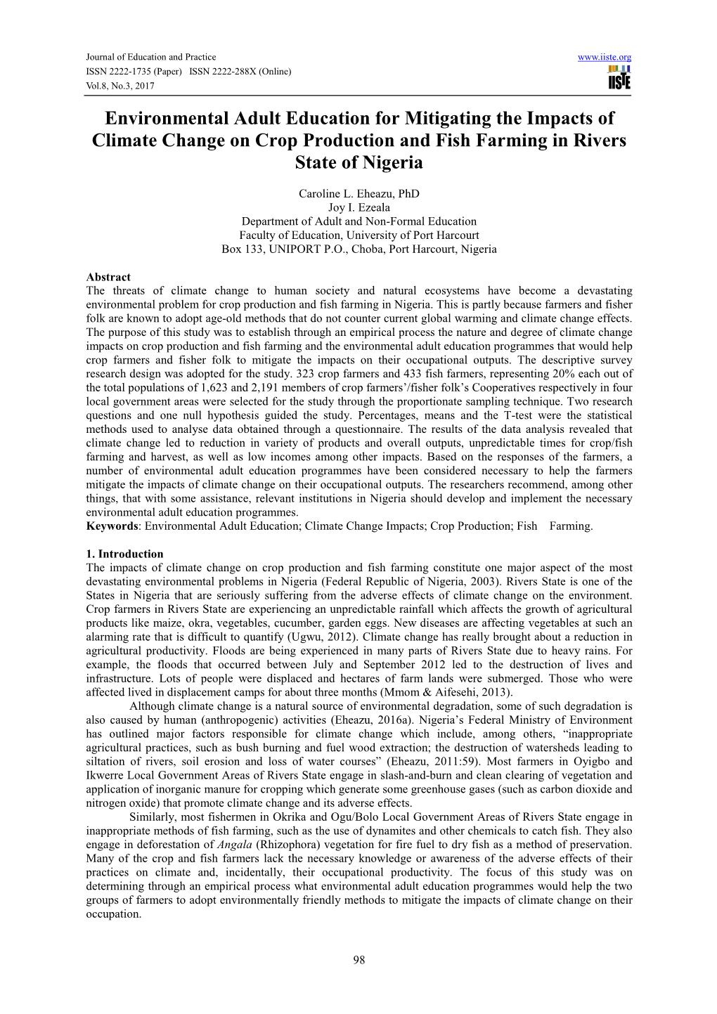 Environmental Adult Education for Mitigating the Impacts of Climate Change on Crop Production and Fish Farming in Rivers State of Nigeria