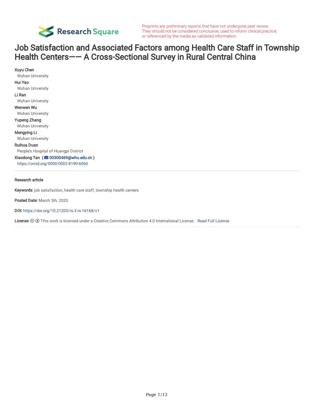 Job Satisfaction and Associated Factors Among Health Care Staff in Township Health Centers—— a Cross-Sectional Survey in Rural Central China