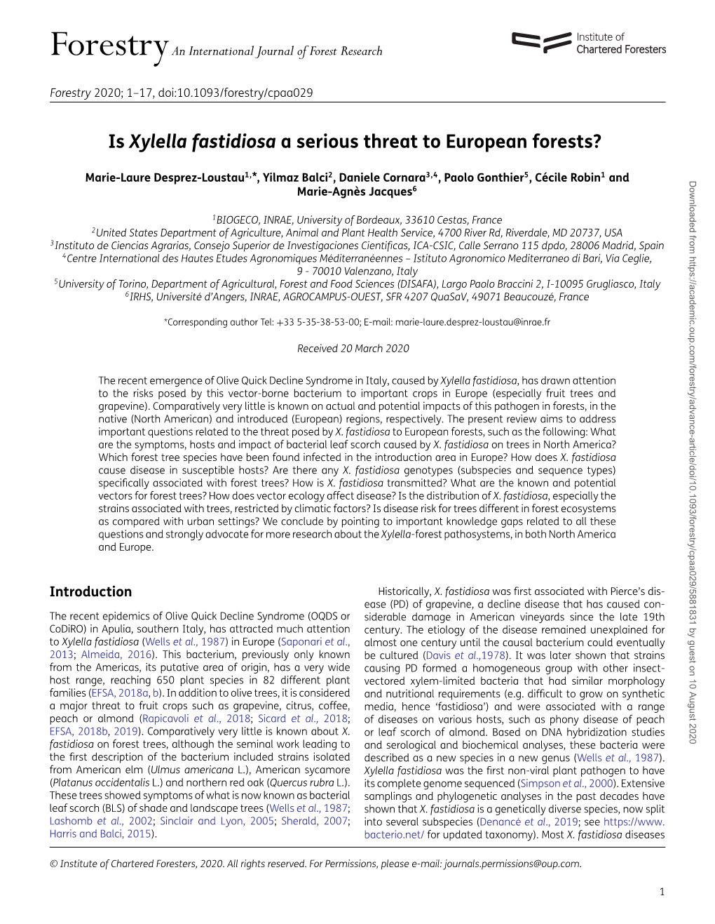 Is Xylella Fastidiosa a Serious Threat to European Forests?