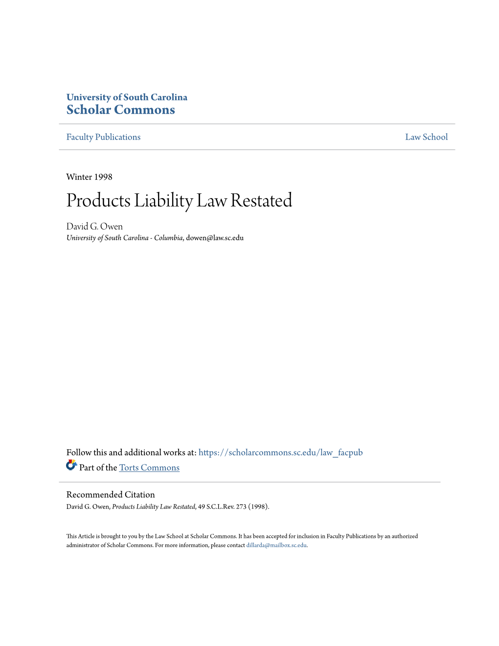Products Liability Law Restated David G
