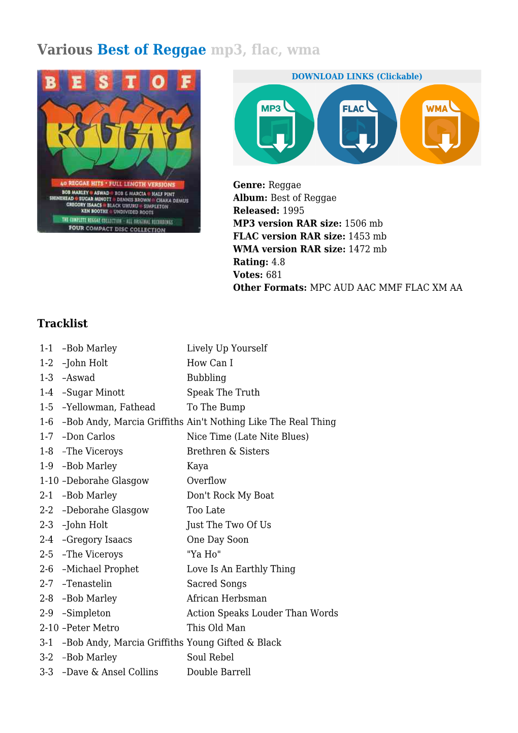 Various Best of Reggae Mp3, Flac, Wma