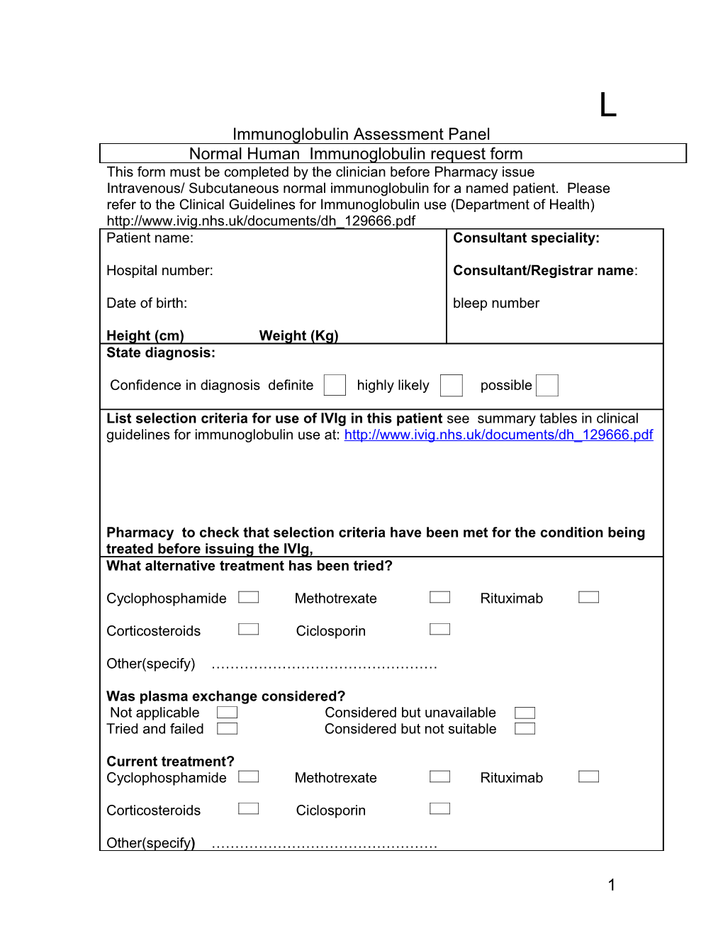 Immunoglobulin Request Form