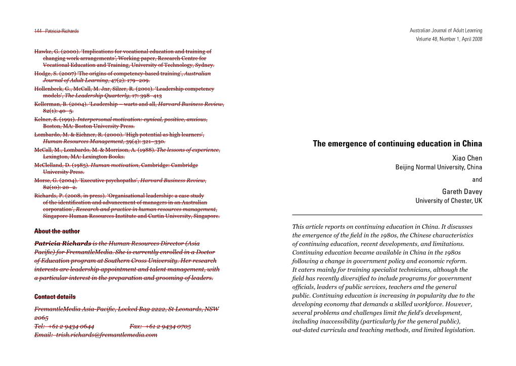 The Emergence of Continuing Education in China Mccall, M., Lombardo, M