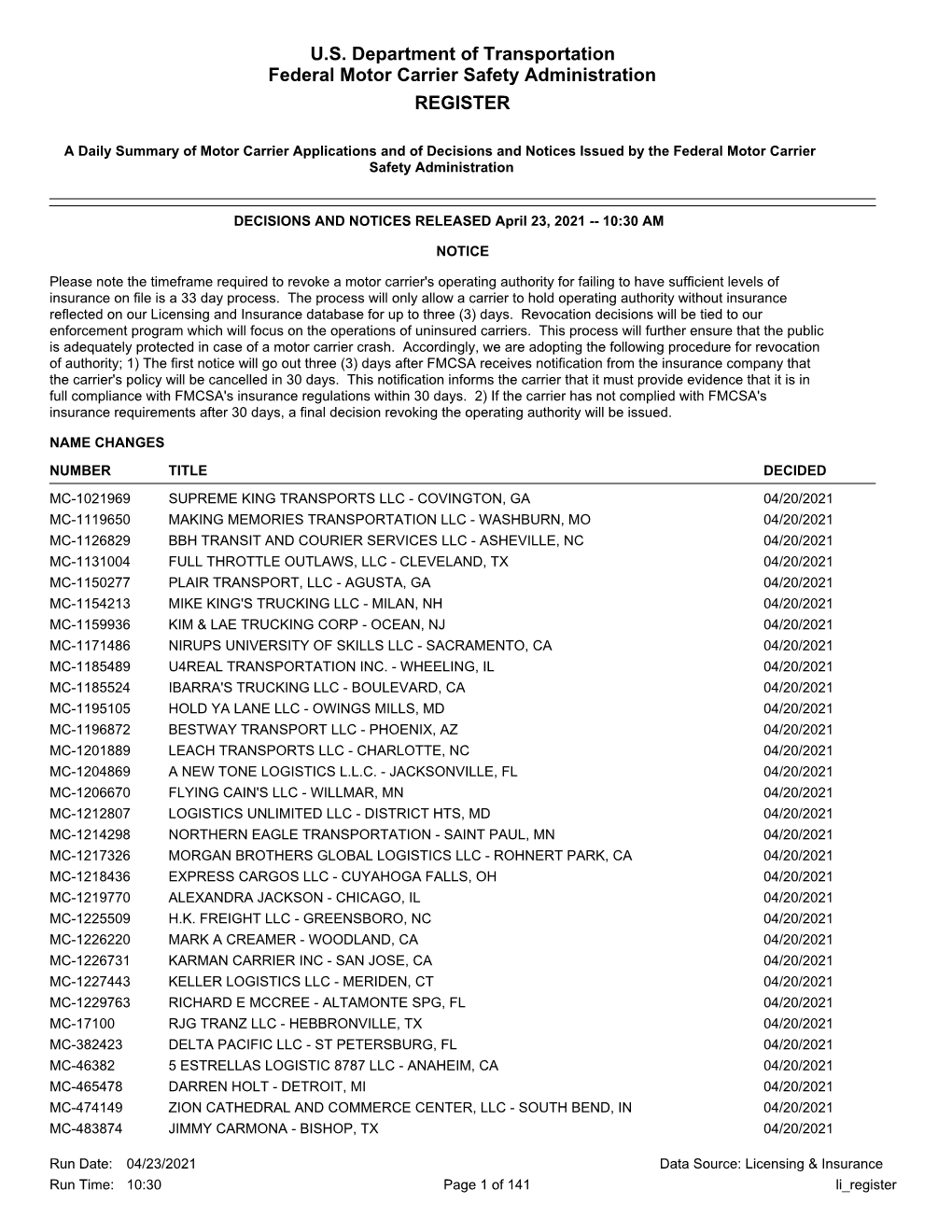 U.S. Department of Transportation Federal Motor Carrier Safety Administration REGISTER