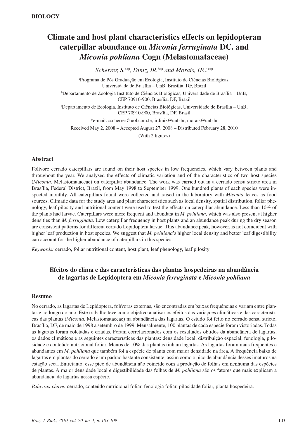 Climate and Host Plant Characteristics Effects on Lepidopteran Caterpillar Abundance on Miconia Ferruginata DC. and Miconia