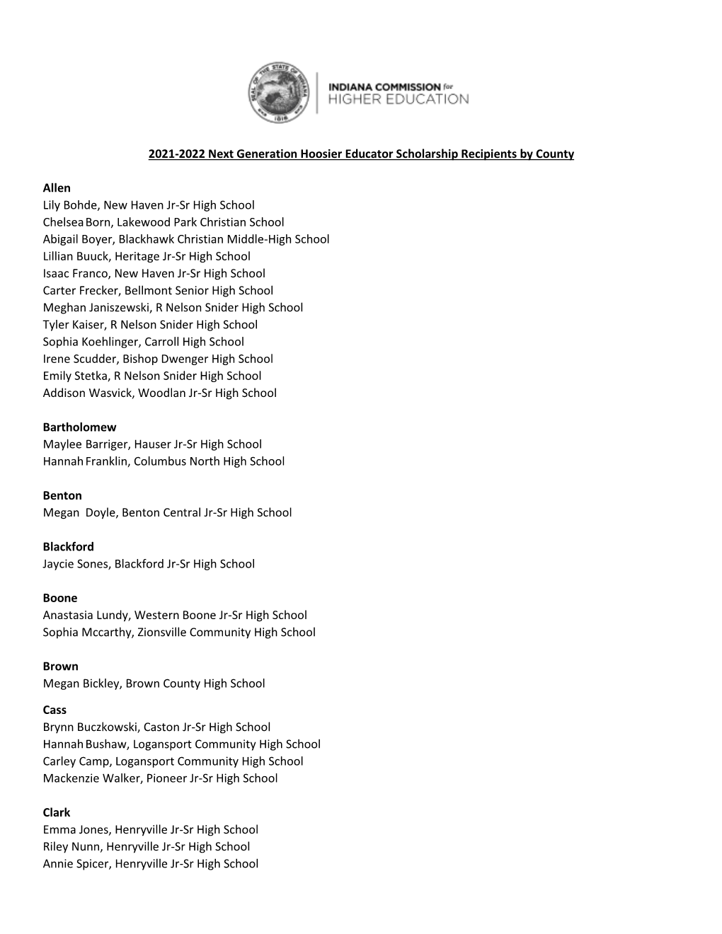 2021-2022 Next Generation Hoosier Educator Scholarship Recipients by County