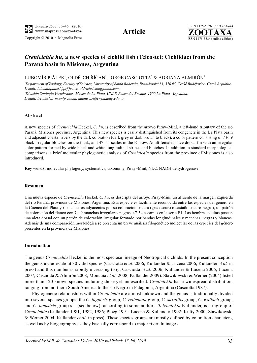 Zootaxa, Crenicichla Hu, a New Species of Cichlid