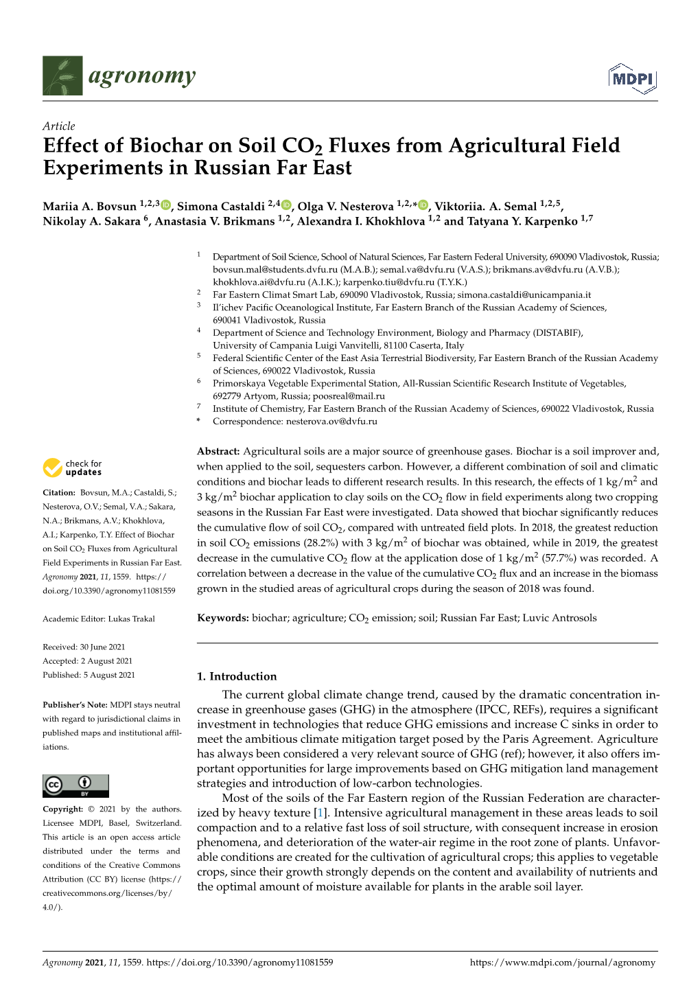 Effect of Biochar on Soil CO2 Fluxes from Agricultural Field Experiments in Russian Far East