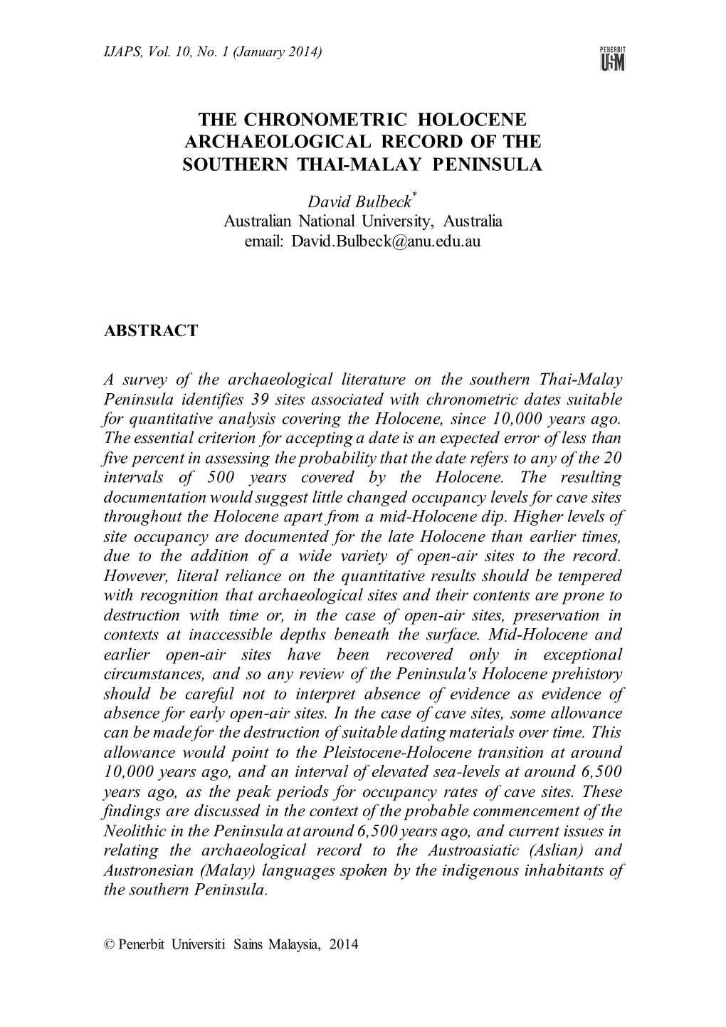 The Chronometric Holocene Archaeological Record of the Southern Thai-Malay Peninsula