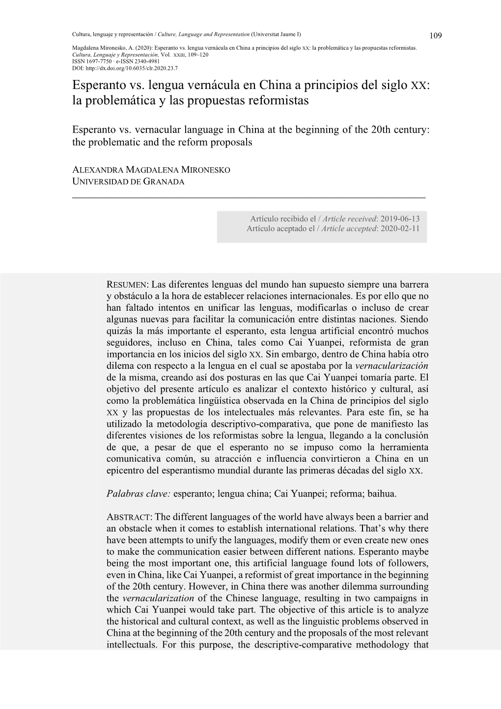 Esperanto Vs. Lengua Vernácula En China a Principios Del Siglo XX: La Problemática Y Las Propuestas Reformistas