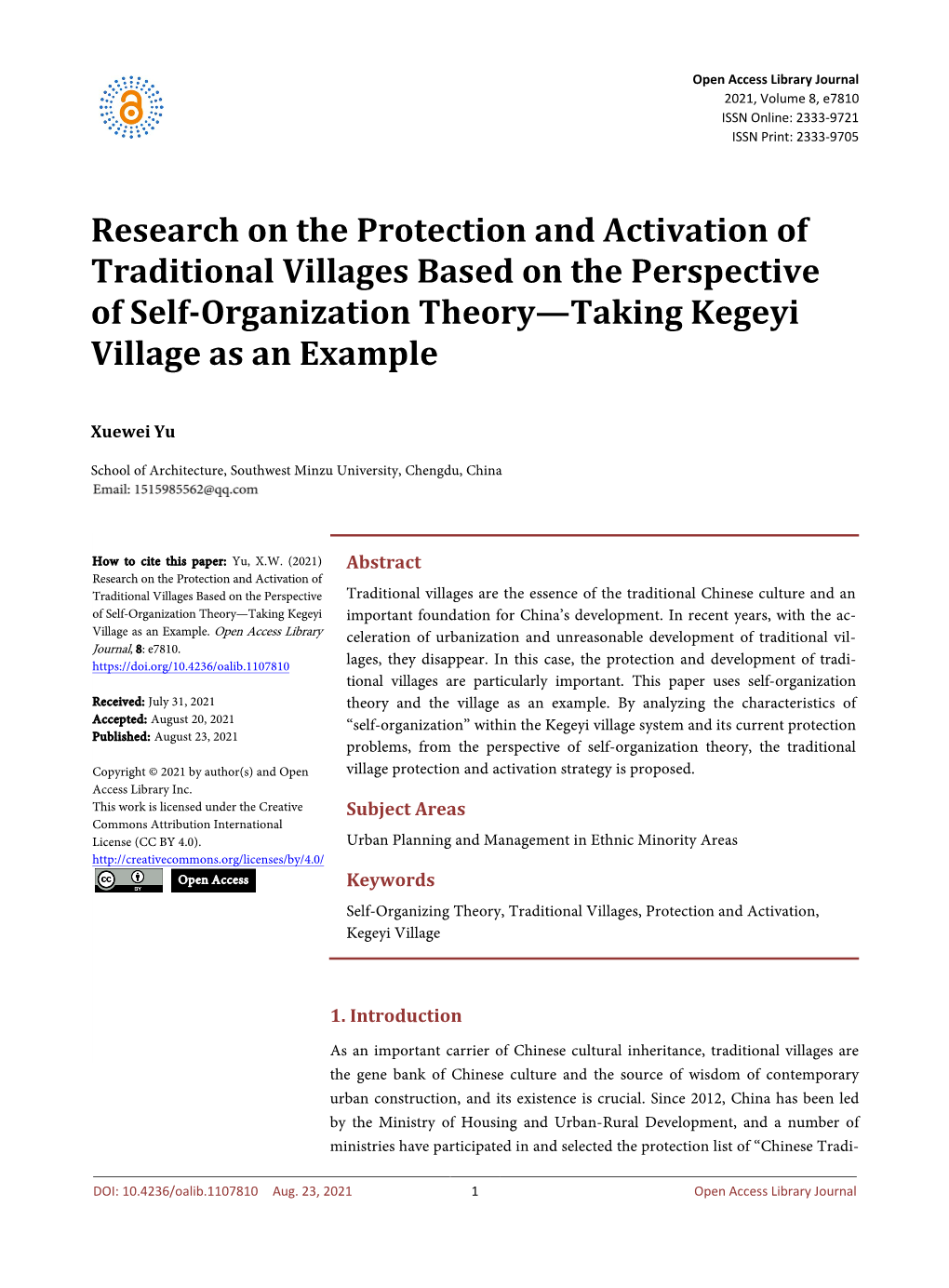Research on the Protection and Activation of Traditional Villages Based on the Perspective of Self-Organization Theory—Taking Kegeyi Village As an Example