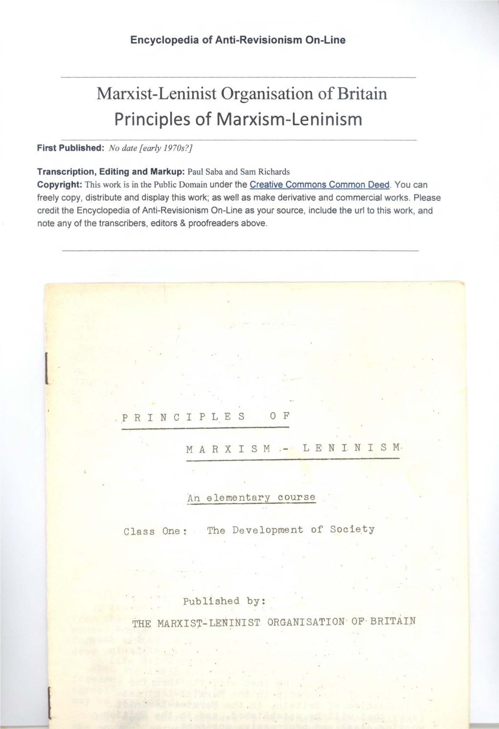 Marxist-Leninist Organisation of Britain Principles of Marxism-Leninism