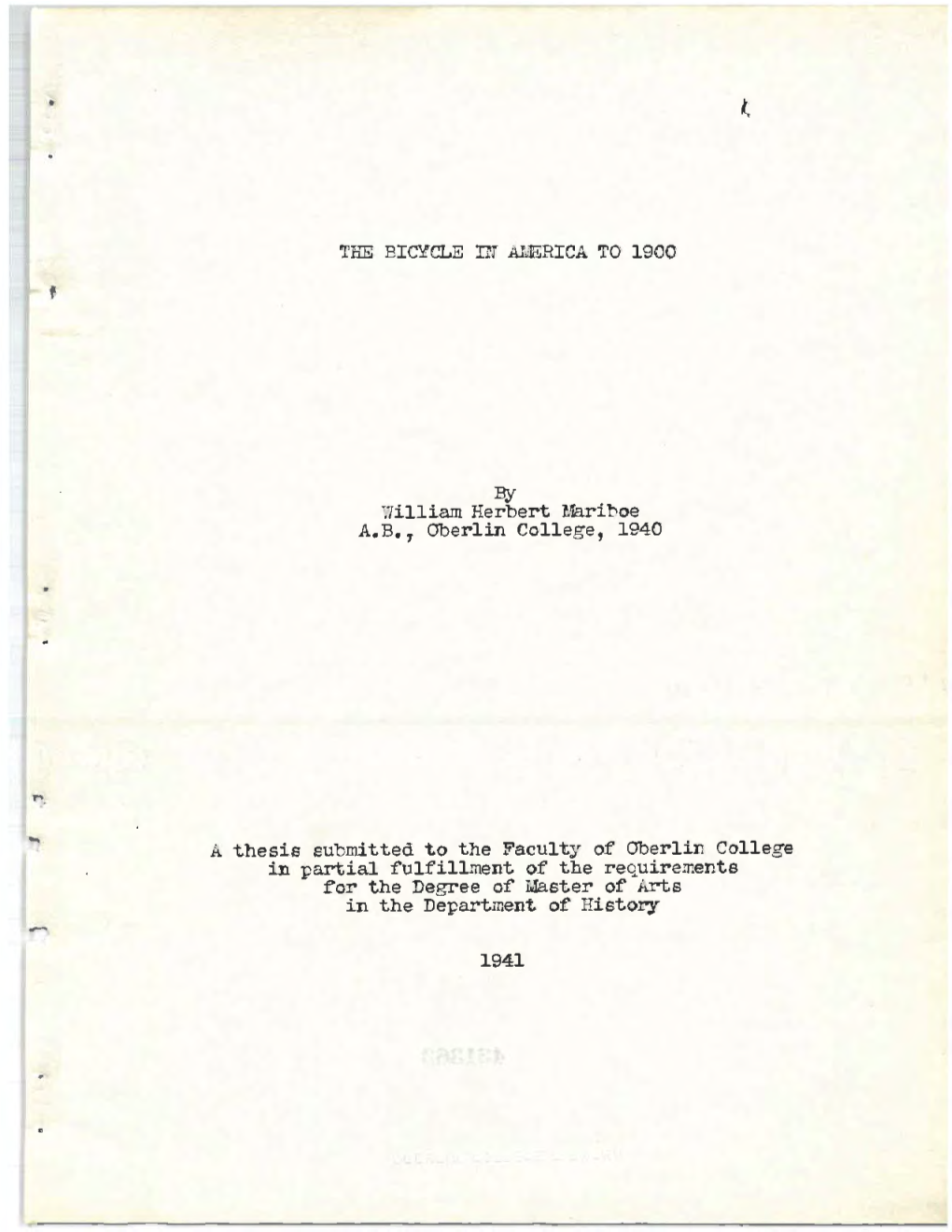 • William Herbert Mariboe A.B. Oberlin College, 1940 a Thesis Submitted to the Faculty of Oberlin College in Partial Fulfillme