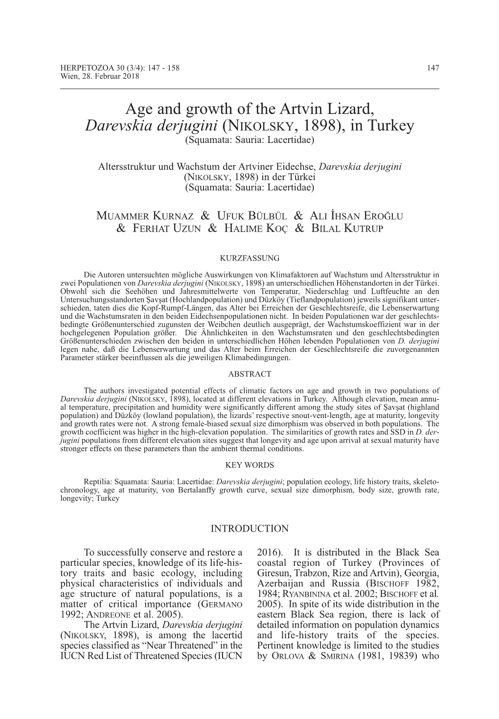 Age and Growth of the Artvin Lizard, Darevskia Derjugini (Nikolsky , 1898), in Turkey (Squamata: Sauria: Lacertidae)