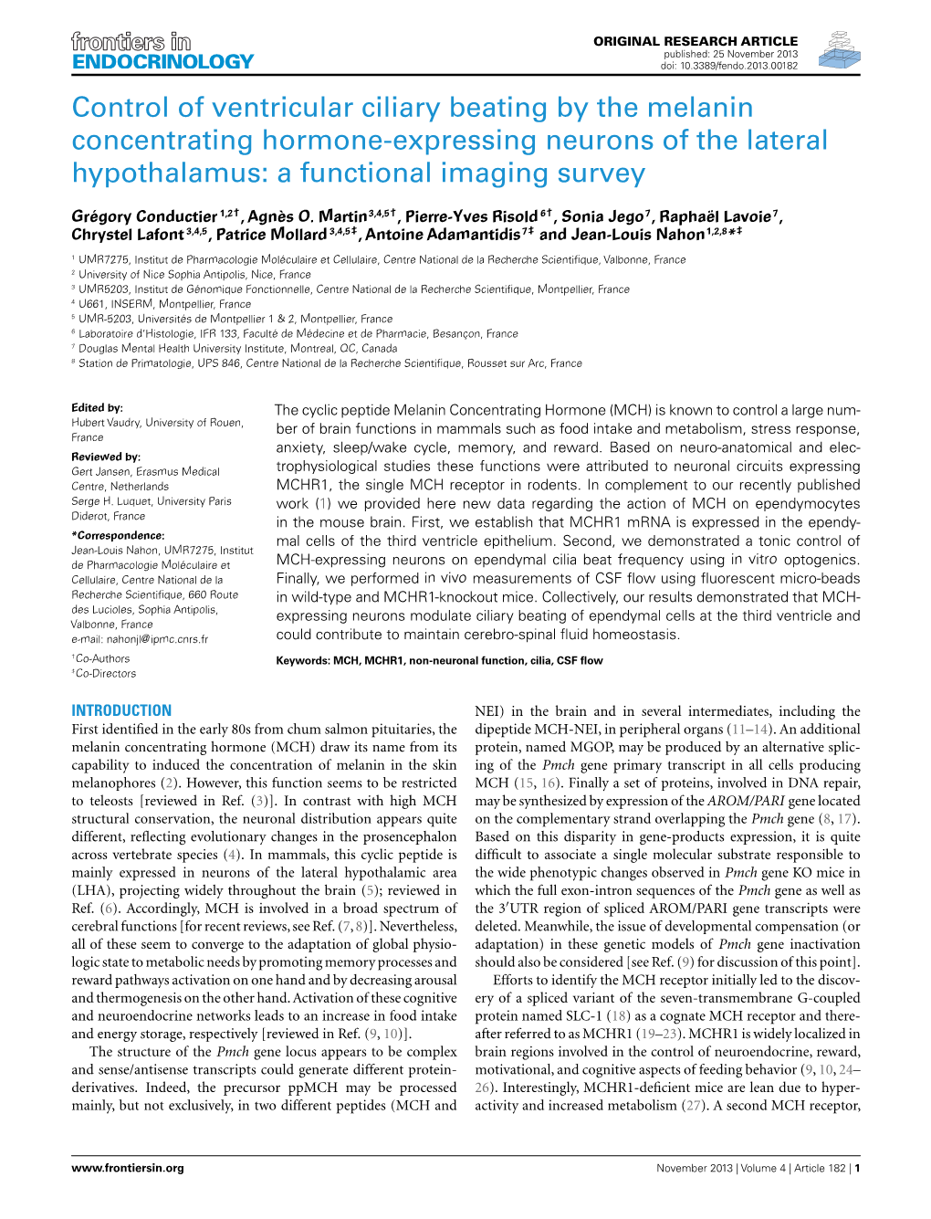 Control of Ventricular Ciliary Beating by the Melanin Concentrating Hormone-Expressing Neurons of the Lateral Hypothalamus: a Functional Imaging Survey