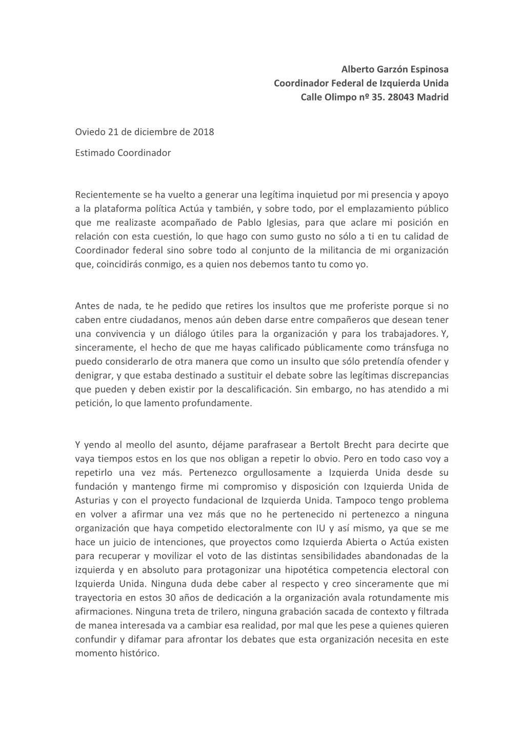 Carta Gaspar Llamazares a Alberto Garzón