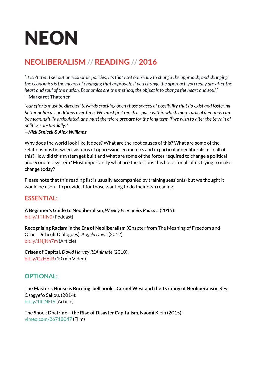 Neoliberalism Reading List