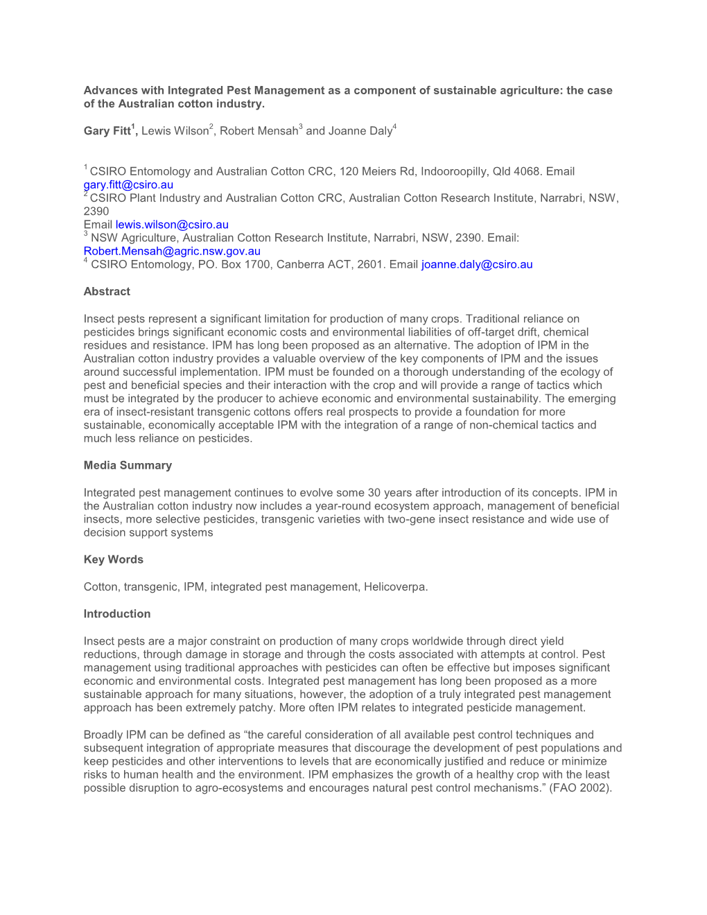 Advances with Integrated Pest Management As a Component of Sustainable Agriculture: the Case of the Australian Cotton Industry