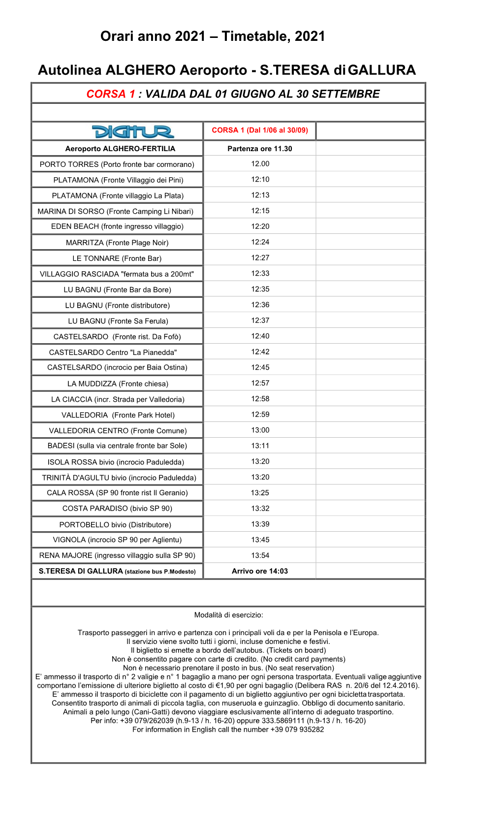 Timetable, 2021 Autolinea ALGHERO Aeroporto