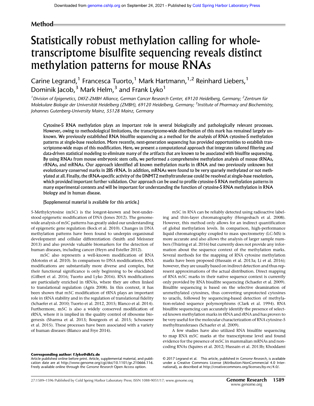 Statistically Robust Methylation Calling for Whole-Transcriptome Bisulfite Sequencing Reveals Distinct Methylation Patterns for Mouse Rnas