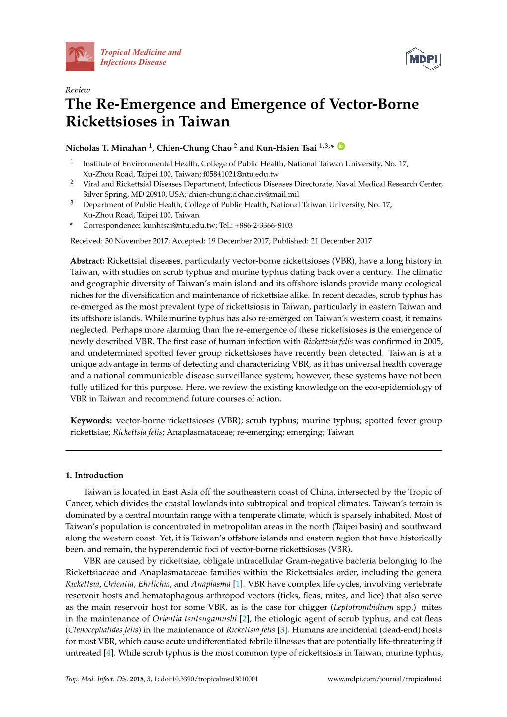 The Re-Emergence and Emergence of Vector-Borne Rickettsioses in Taiwan
