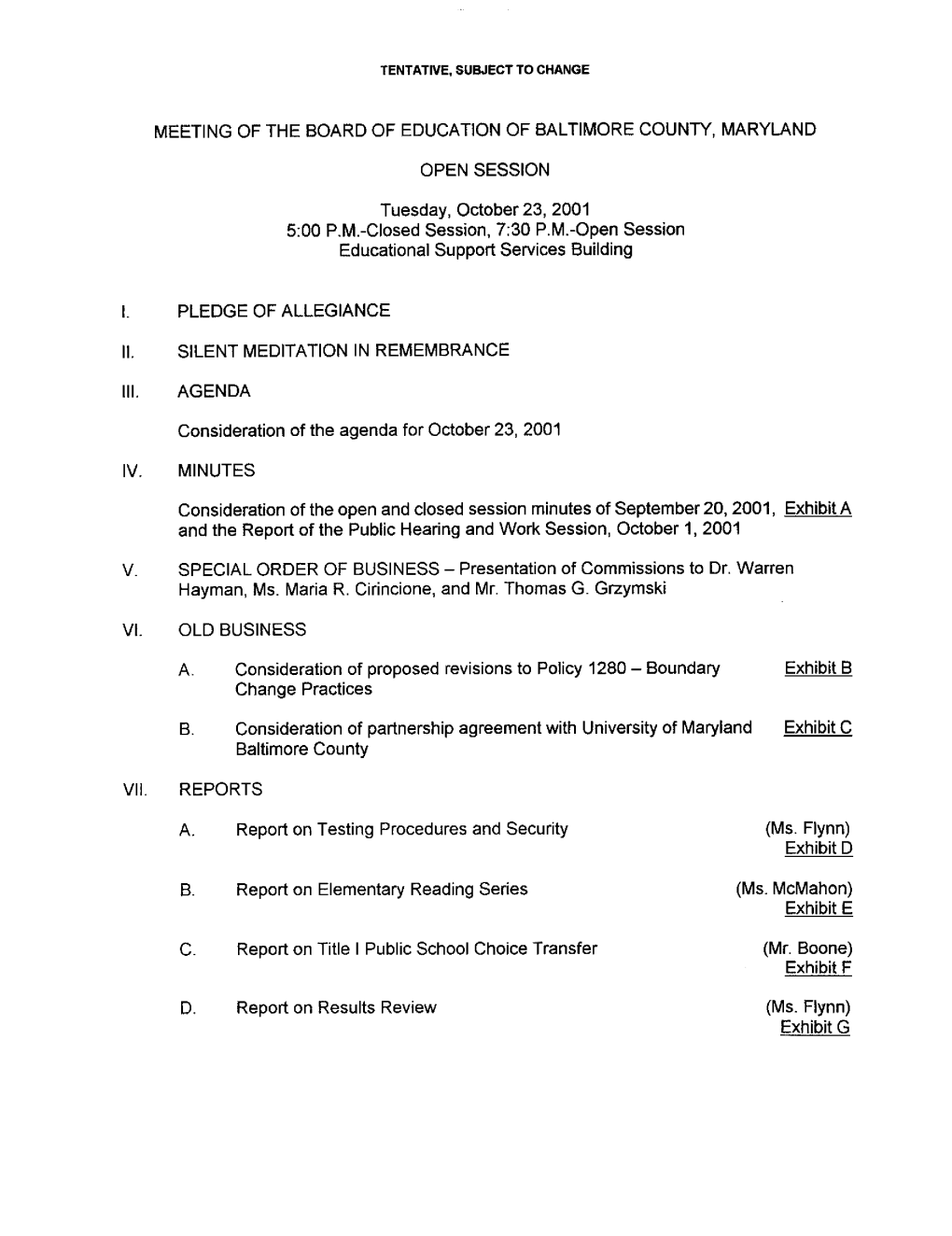 Board of Education Agenda and Exhibits for October 23, 2001