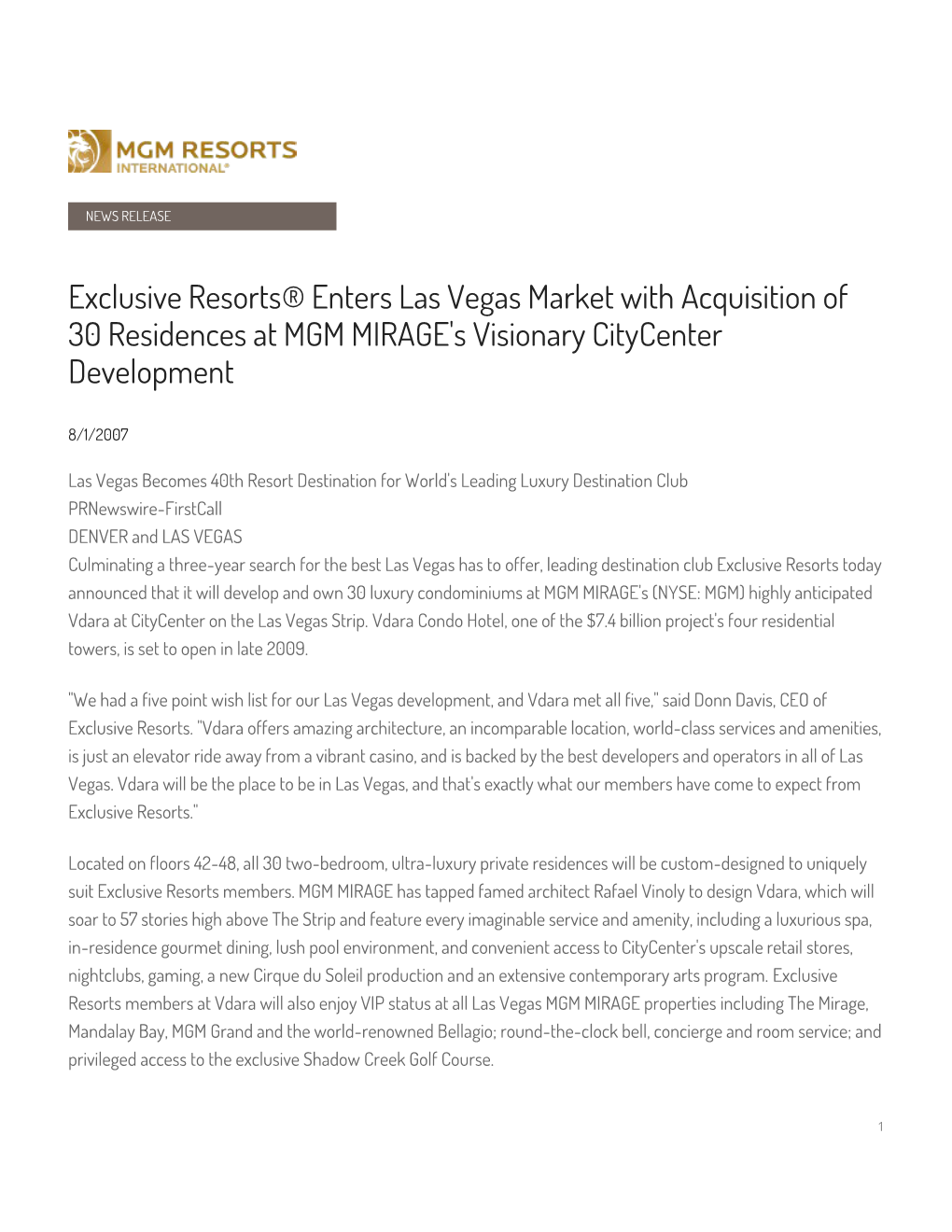 Exclusive Resorts® Enters Las Vegas Market with Acquisition of 30 Residences at MGM MIRAGE's Visionary Citycenter Development