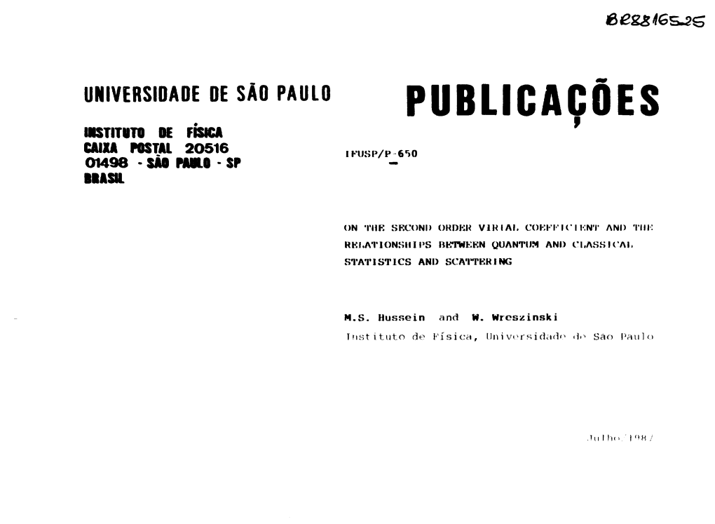 Publicações Institoto Oe Física Caixa Postal 2O516 01498 - São Paulo - Sp
