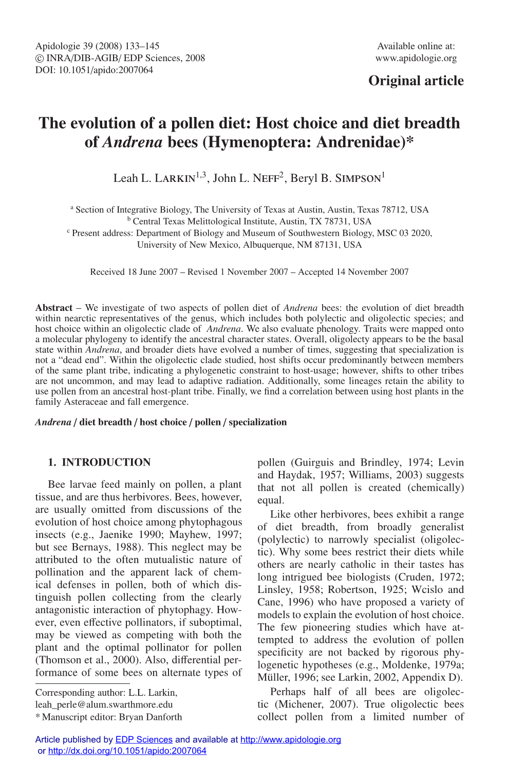 Host Choice and Diet Breadth of Andrena Bees (Hymenoptera: Andrenidae)*