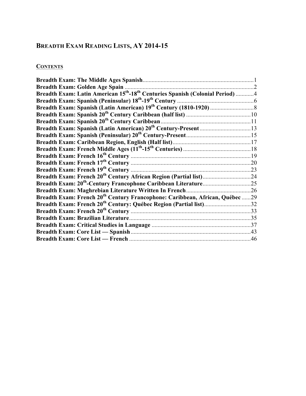 Breadth Exam Reading Lists, Ay 2014-15