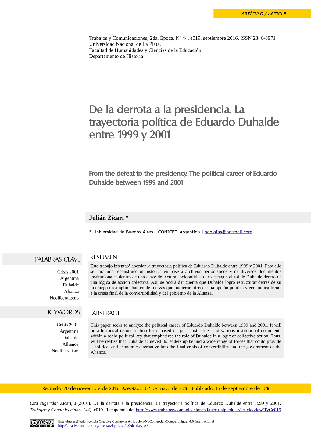 De La Derrota a La Presidencia. La Trayectoria Política De Eduardo Duhalde Entre 1999 Y 2001