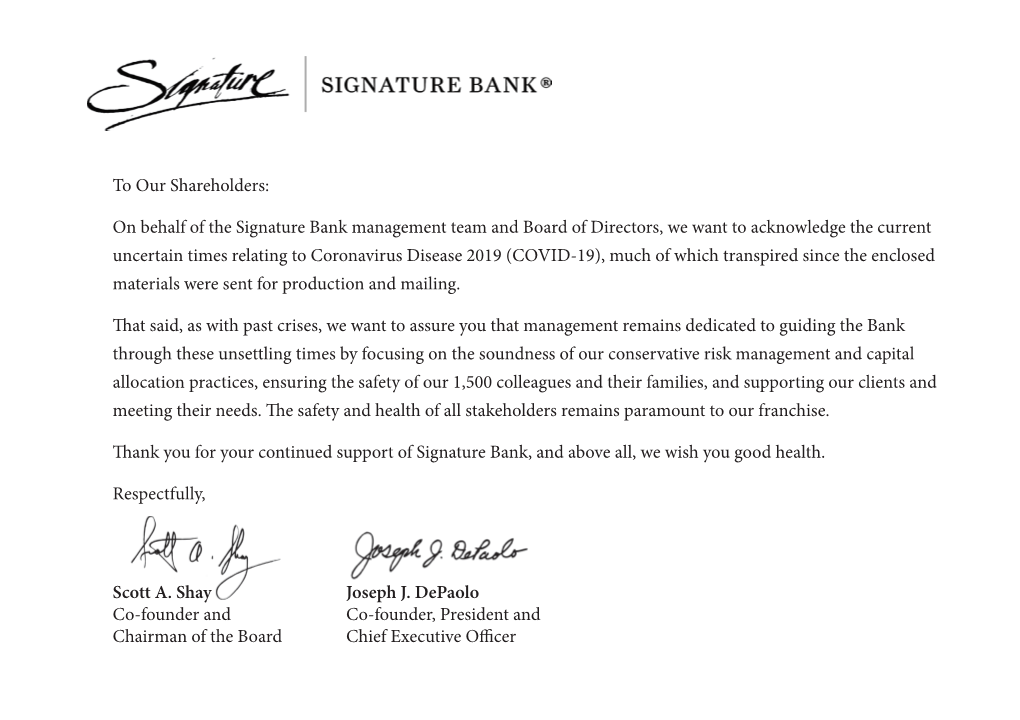 On Behalf of the Signature Bank Management Team and Board Of