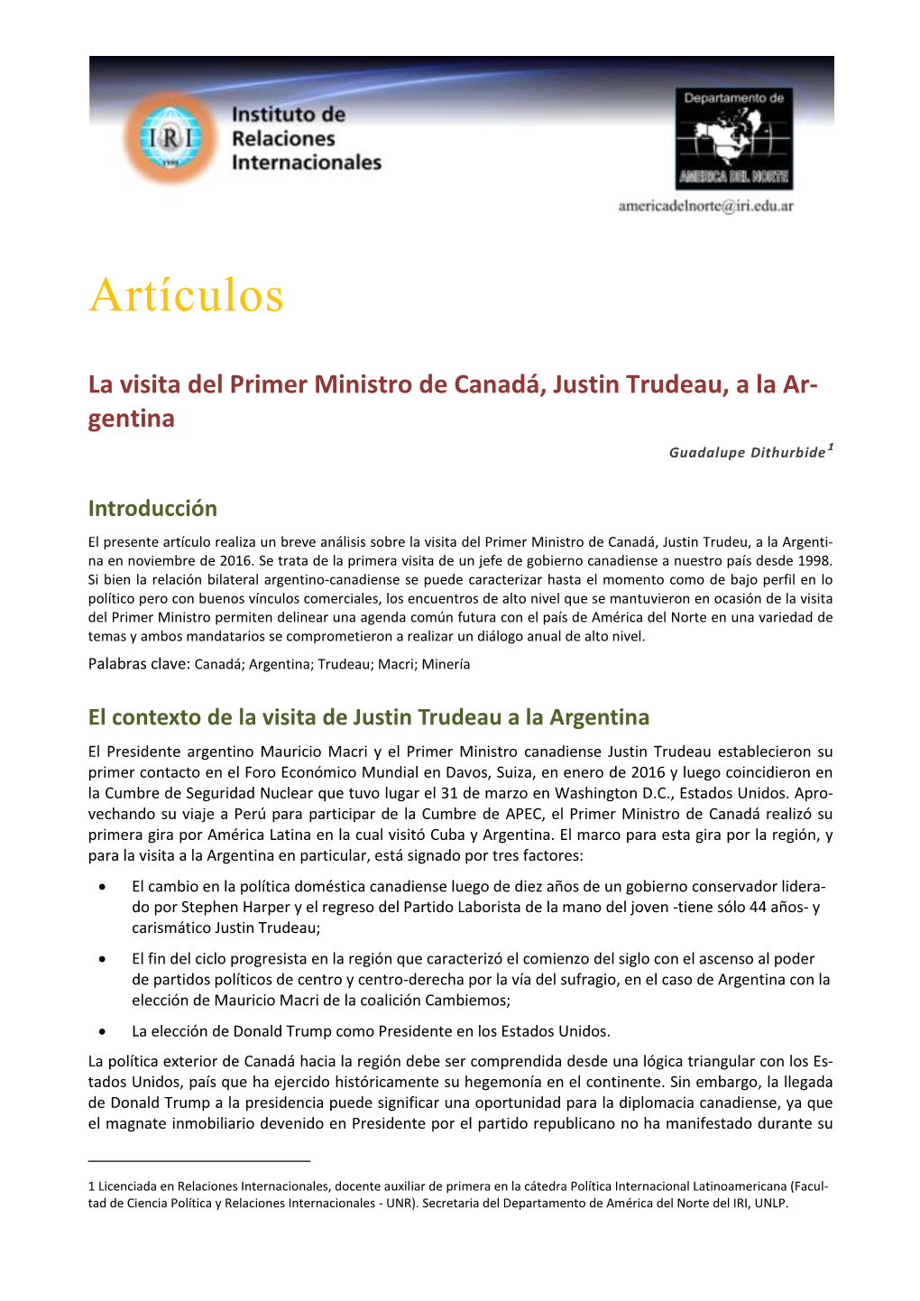 La Visita Del Primer Ministro De Canadá, Justin Trudeau, a La Ar- Gentina Guadalupe Dithurbide1