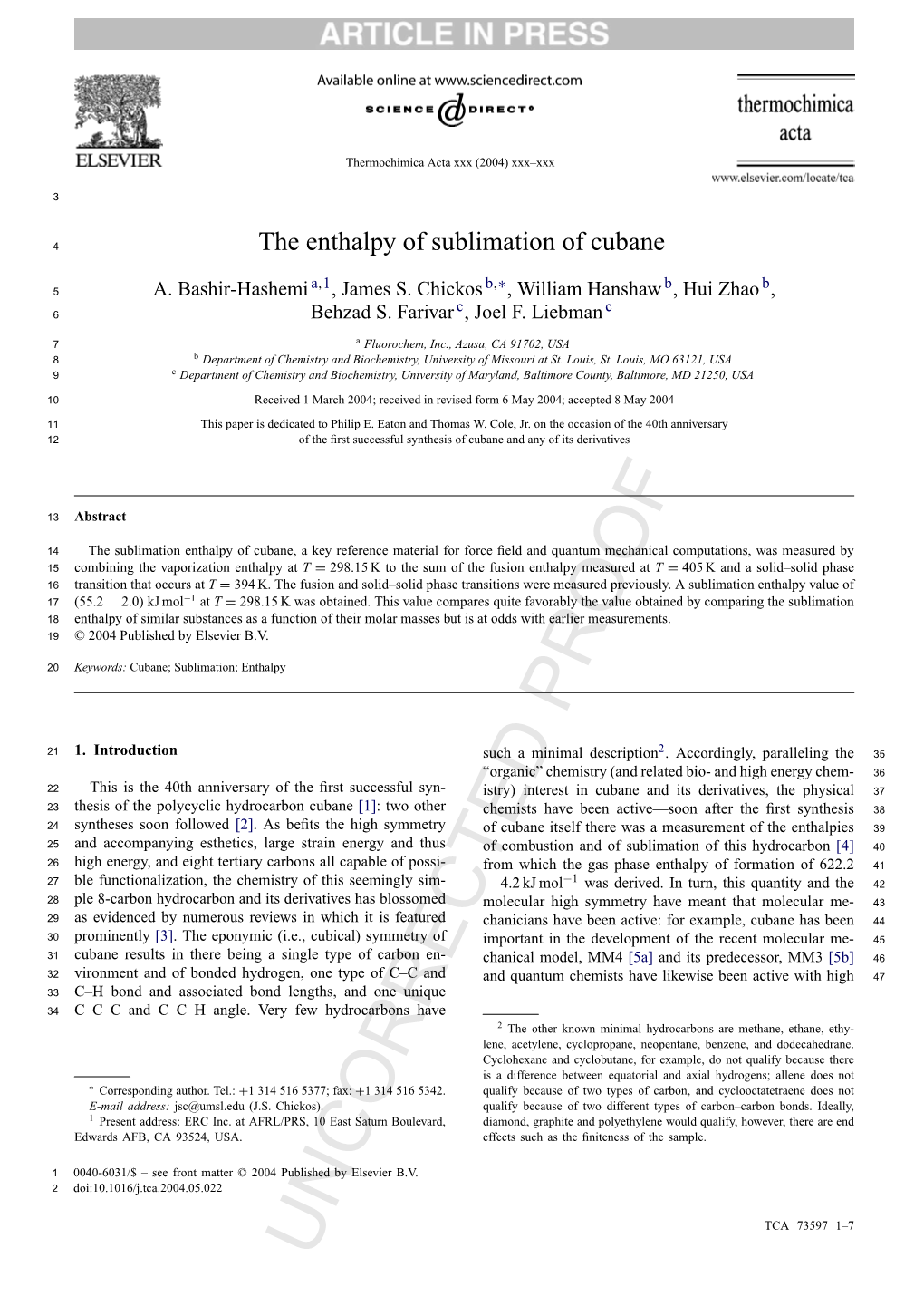 The Enthalpy of Sublimation of Cubane