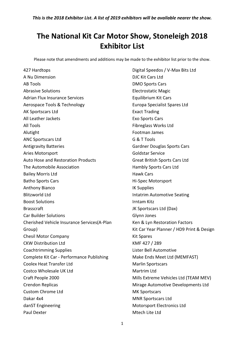 The National Kit Car Motor Show, Stoneleigh 2018 Exhibitor List