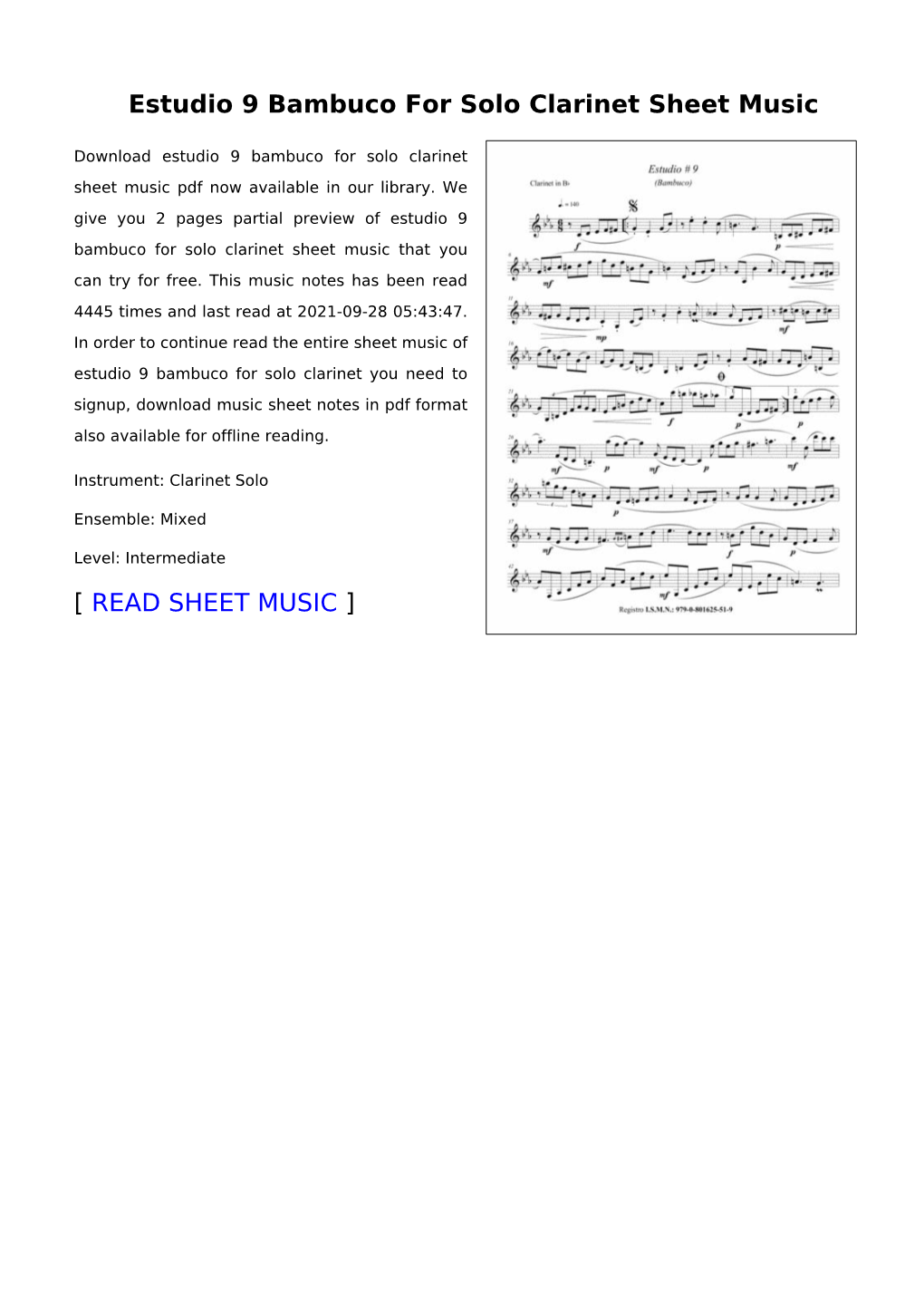 Estudio 9 Bambuco for Solo Clarinet Sheet Music