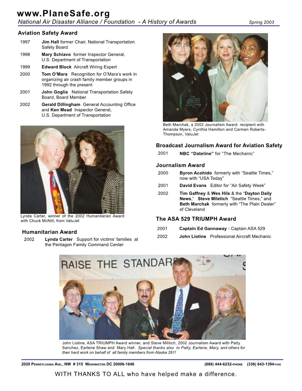 National Air Disaster Alliance / Foundation - a History of Awards Spring 2003