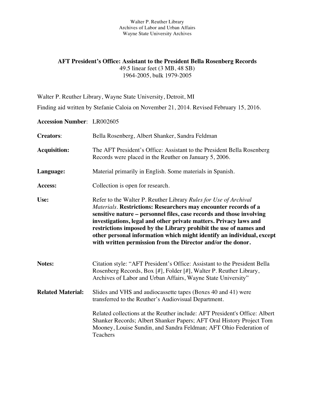 AFT President's Office: Assistant to the President Bella Rosenberg Records