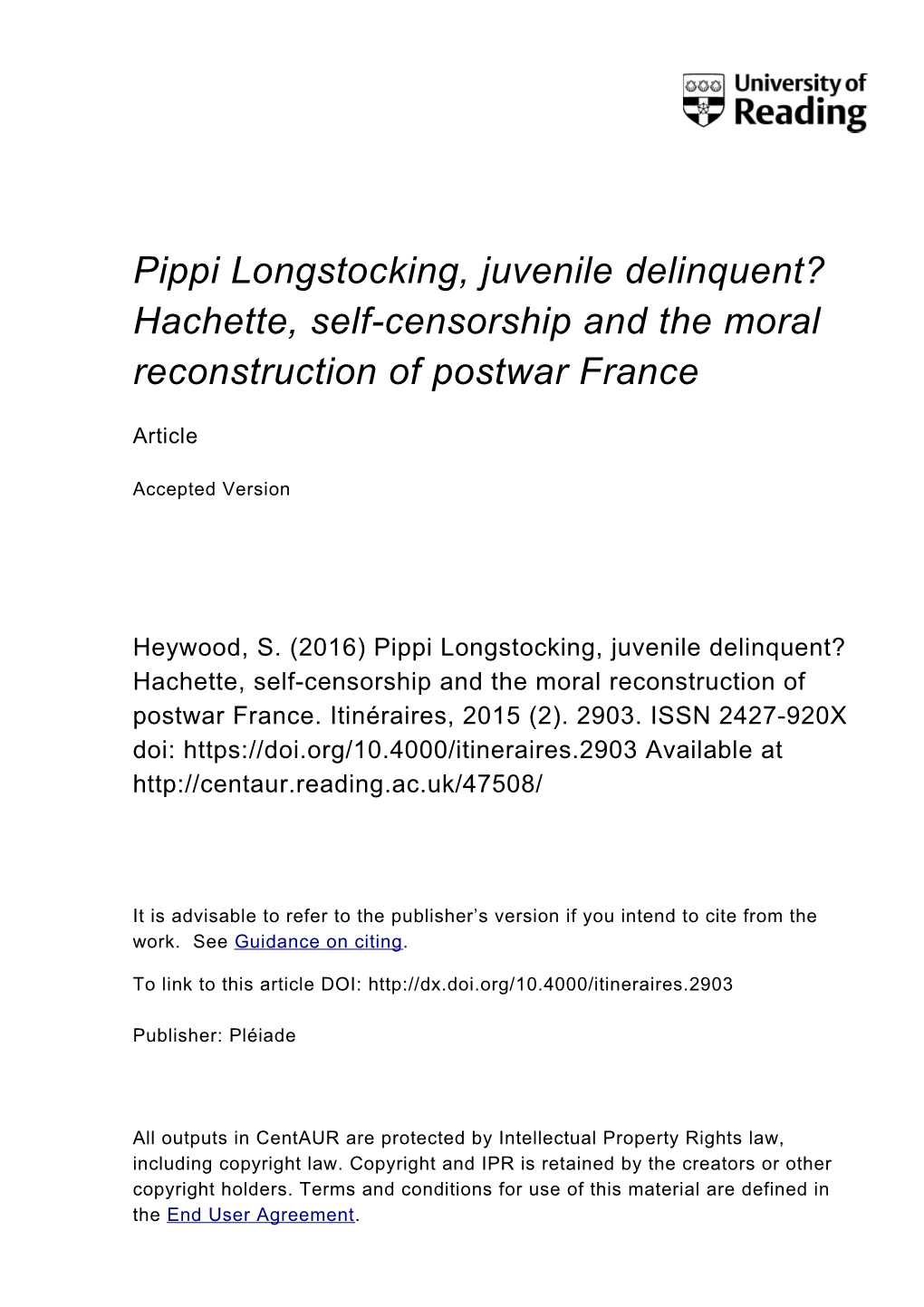 Pippi Longstocking, Juvenile Delinquent? Hachette, Self-Censorship and the Moral Reconstruction of Postwar France