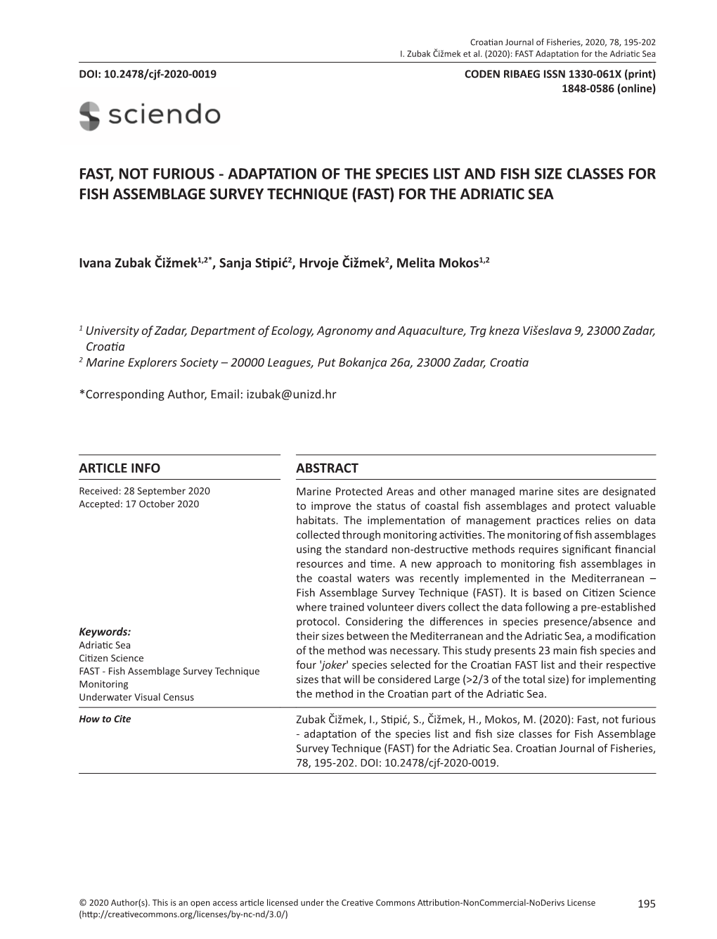 Adaptation of the Species List and Fish Size Classes for Fish Assemblage Survey Technique (Fast) for the Adriatic Sea