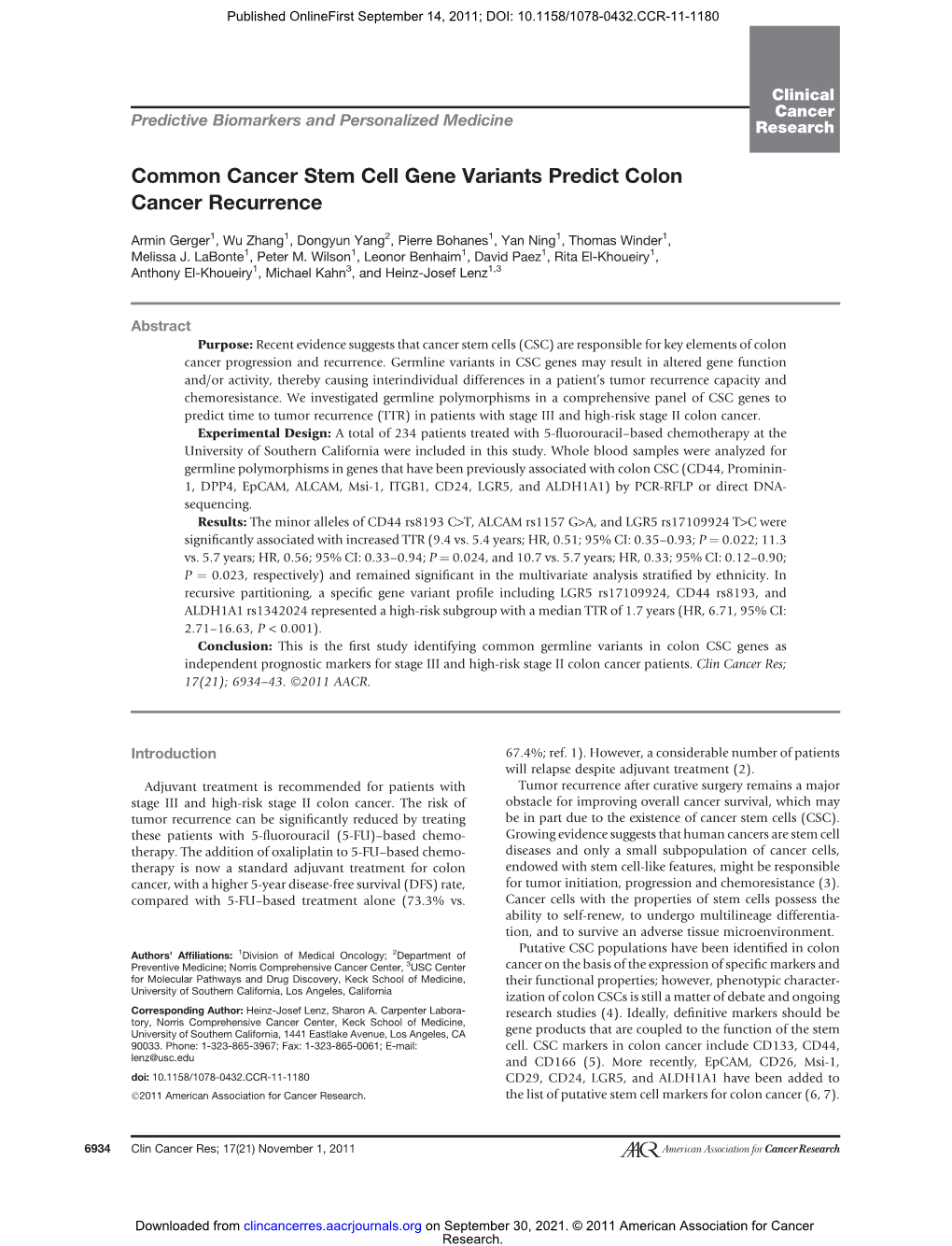 Common Cancer Stem Cell Gene Variants Predict Colon Cancer Recurrence