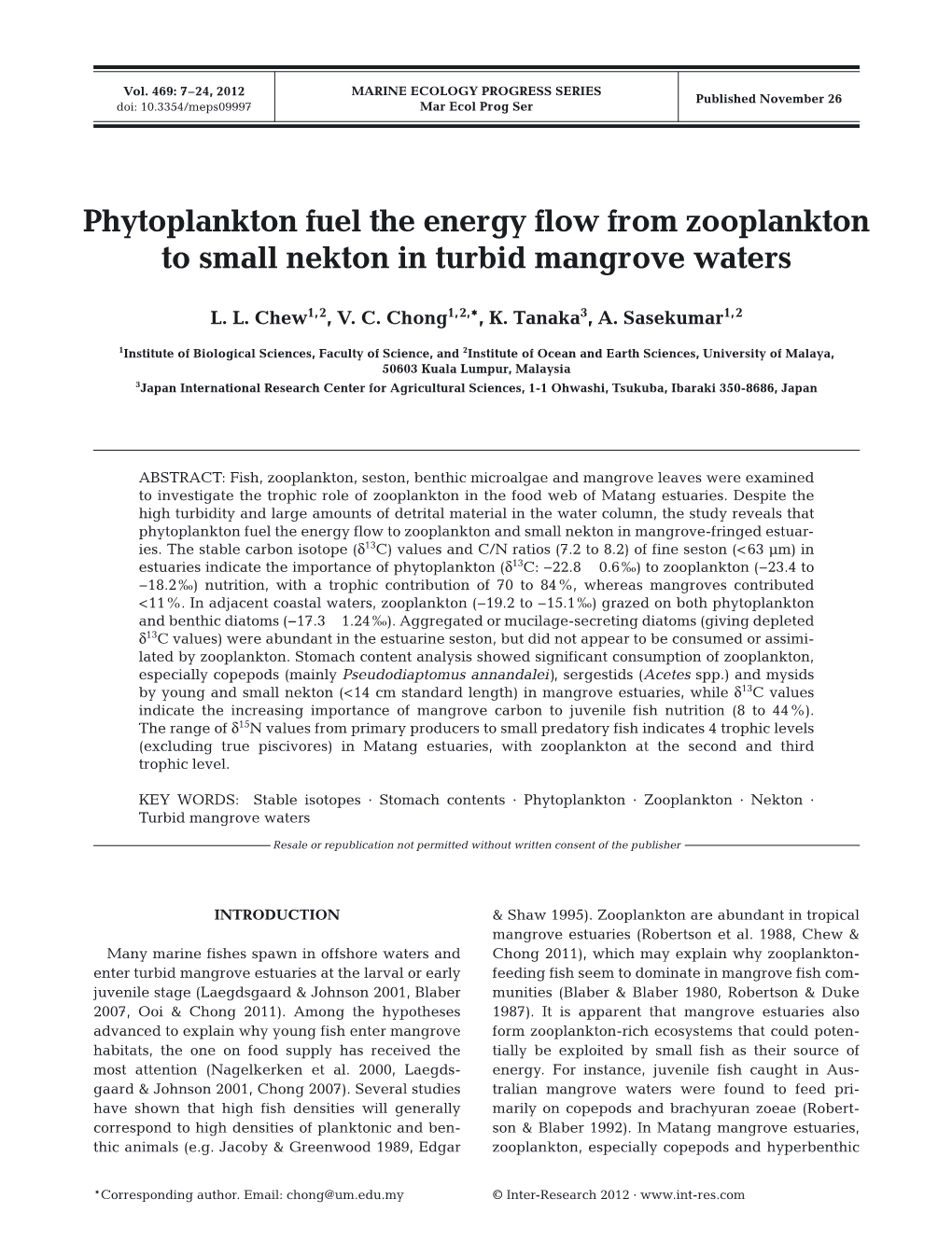 Phytoplankton Fuel the Energy Flow from Zooplankton to Small Nekton in Turbid Mangrove Waters