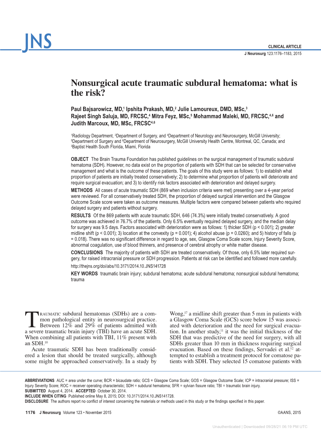 Nonsurgical Acute Traumatic Subdural Hematoma: What Is the Risk?