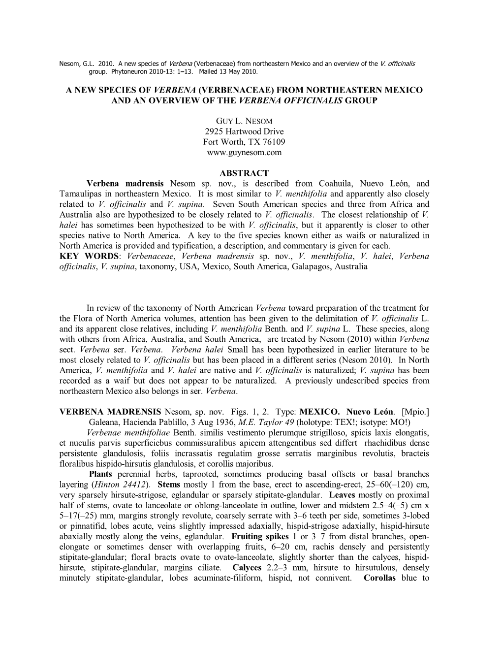 A New Species of Verbena (Verbenaceae) from Northeastern Mexico and an Overview of the V