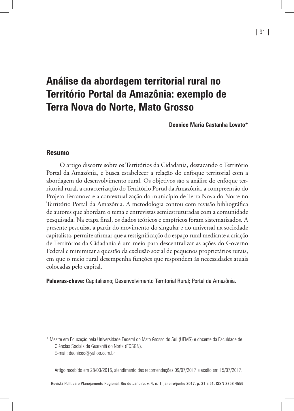 Análise Da Abordagem Territorial Rural No Território Portal Da Amazônia: Exemplo De Terra Nova Do Norte, Mato Grosso
