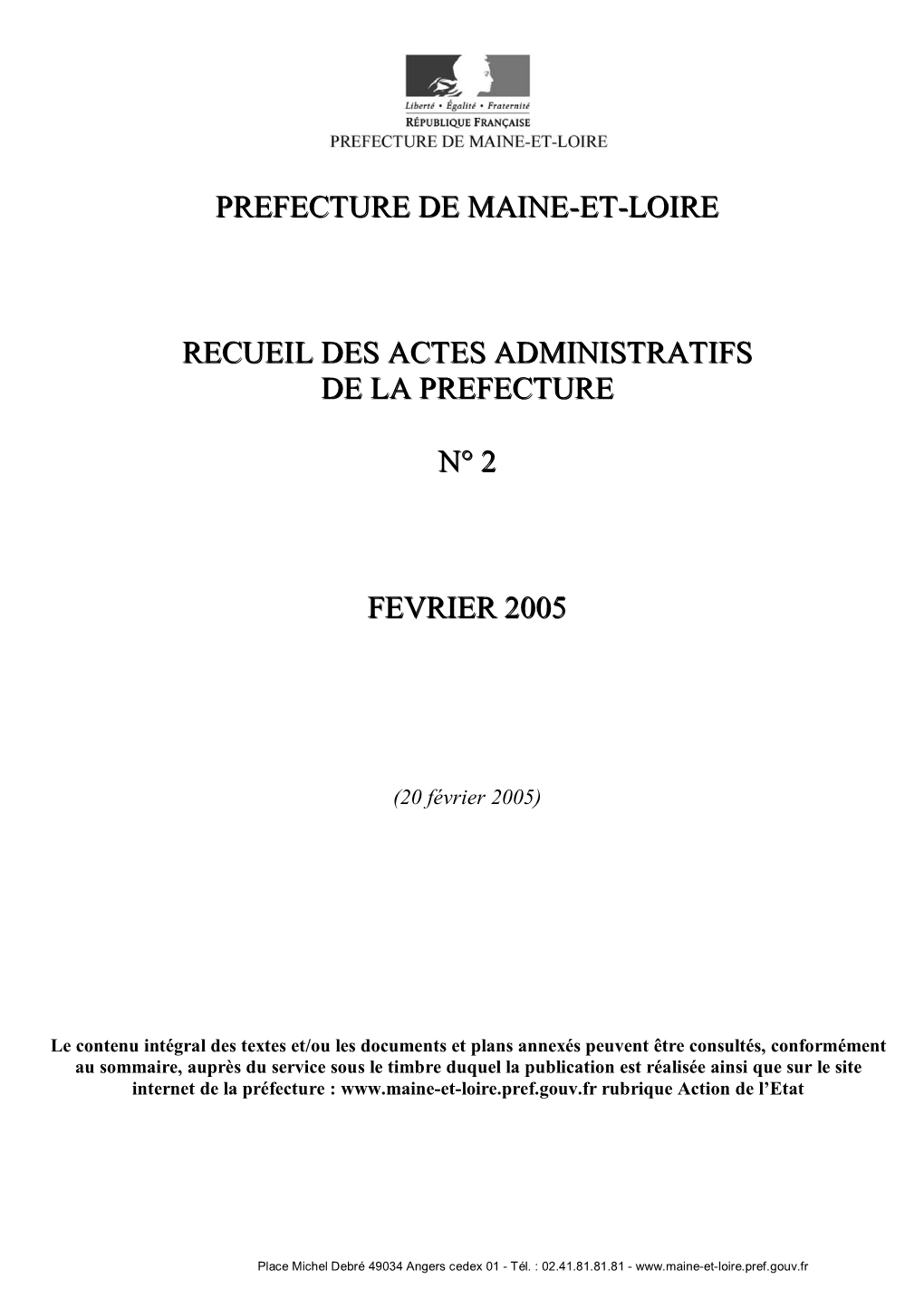 Prefecture De Maine-Et-Loire Recueil Des Actes Administratifs De La Prefecture N° 2 Fevrier 2005